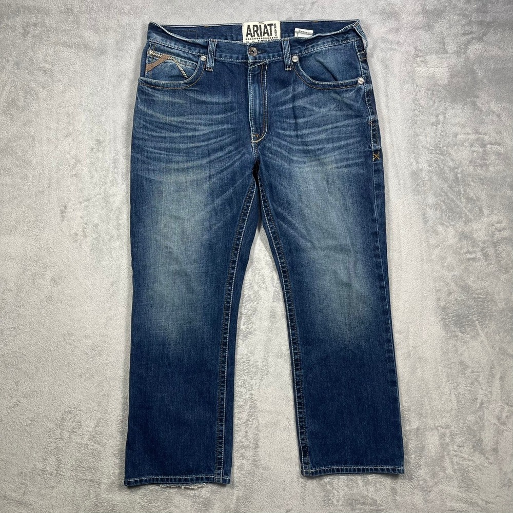 Ariat M4 Boot Cut Jeans Mens 36(37)x30(29) Blue Low Rise Denim Distressed